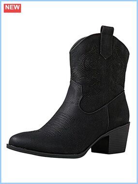 Faux Leather Western Ankle Boots Almond Toe Side Zip Block Heel